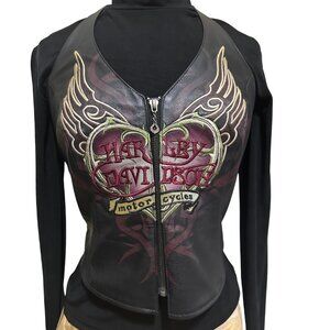 Harley Davidson Corset Top Leather Embroidered Halter Neck Zip Front Size SMALL